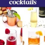 Four French cocktails in different glasses with garnishes, showcasing the elegance of French Cocktails. Text: "21 Refreshing & Sparkling French Cocktails.