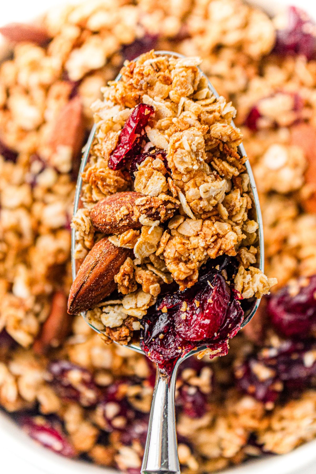 A spoonful of granola with oats, almonds, and dried cranberries hovered above more granola.