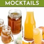 Jars of honey and a glass of yellow drink with lemon garnish on a green and white background.