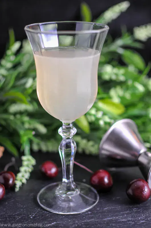 A pale cocktail in a stemmed glass, with cherries, a jigger, and green foliage in the background—perfect for serving as one of your signature retirement party cocktails.