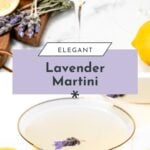 A martini garnished with lavender, surrounded by lemons and lavender sprigs on a white surface.