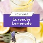 A glass of lavender lemonade with ice, garnished with a sprig of lavender, next to lemon and herbs.