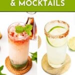 Two lime drinks, one with crushed ice and mint, the other with chili rim and lime slice, on a white background.