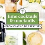 Four lime cocktails and mocktails in glasses, garnished with lime and herbs, with a green title banner in the center.