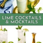 Three tall glasses with frosty lime drinks, fresh mint, and limes; cocktail jigger nearby on a light background.