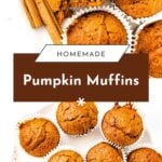 Pumpkin muffins on white plates with cinnamon sticks, some muffins unwrapped and partially eaten.