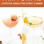 Two elegant cocktails in glasses with lemon garnishes, promoting retirement party drink recipes.