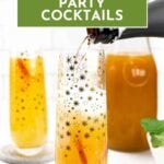 Two sparkling cocktails in star glasses, juice in a jar, and "Retirement Party Cocktails" text above.