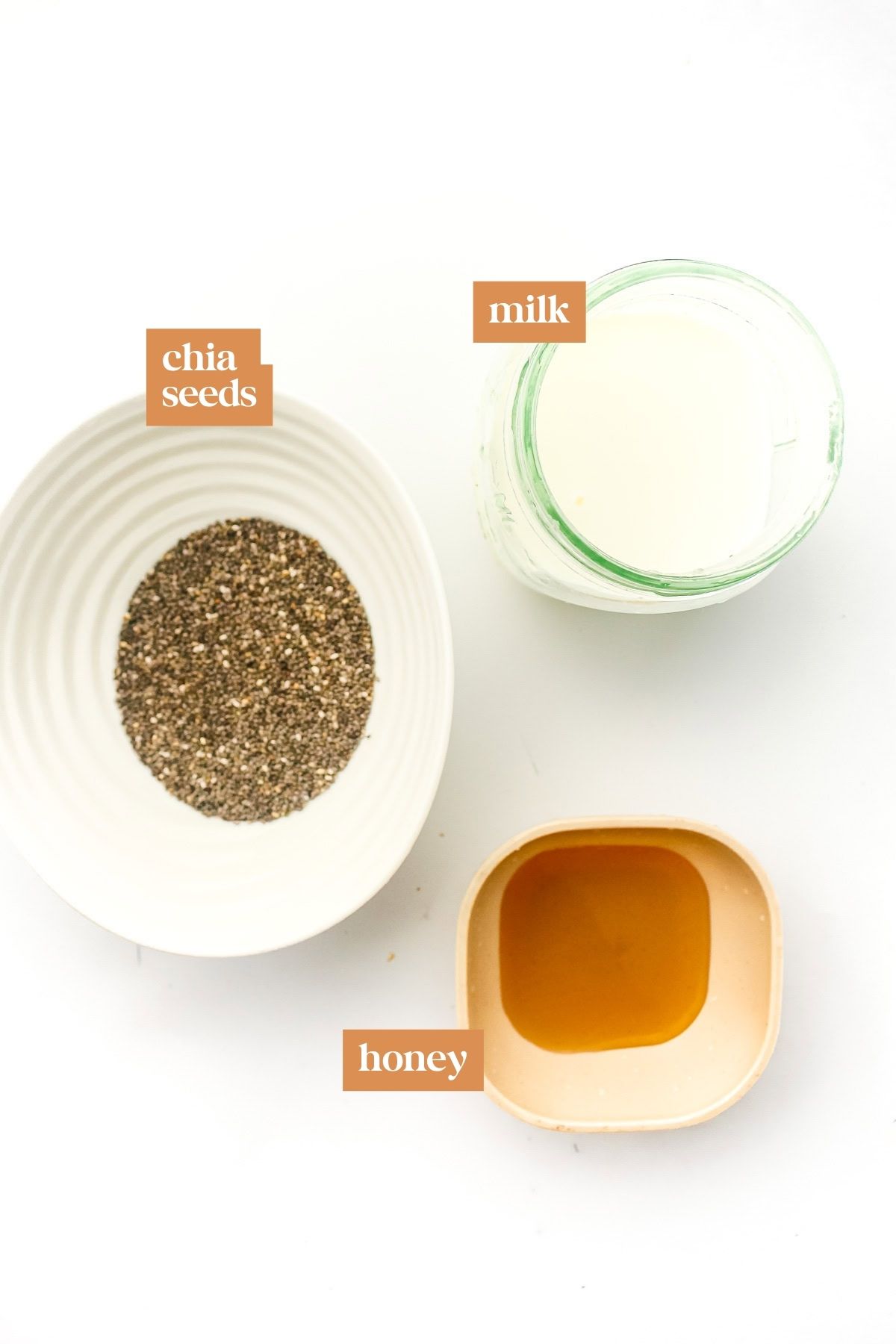 A bowl of chia seeds, a jar of milk, and a small bowl of honey on a white background.