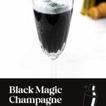 A flute of black champagne being poured, with text promoting Black Magic Champagne for Halloween parties.