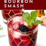 A cocktail with ice, a blackberry, and mint garnish in a patterned glass, with text about a recipe.