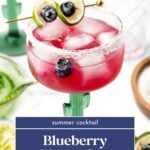 A blueberry margarita with ice, lime, and blueberries, in a cactus glass with a salted rim.