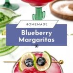 Two glasses of blueberry margarita with lime, blueberries, ice, and salt rim on a white background.