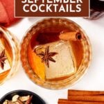 Two cocktails with ice, cinnamon sticks, and star anise; spices and text reading “19 September Cocktails.”.
