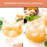 Two iced orange cocktails in glasses with mint and ginger, on a white surface, text promoting August recipes.