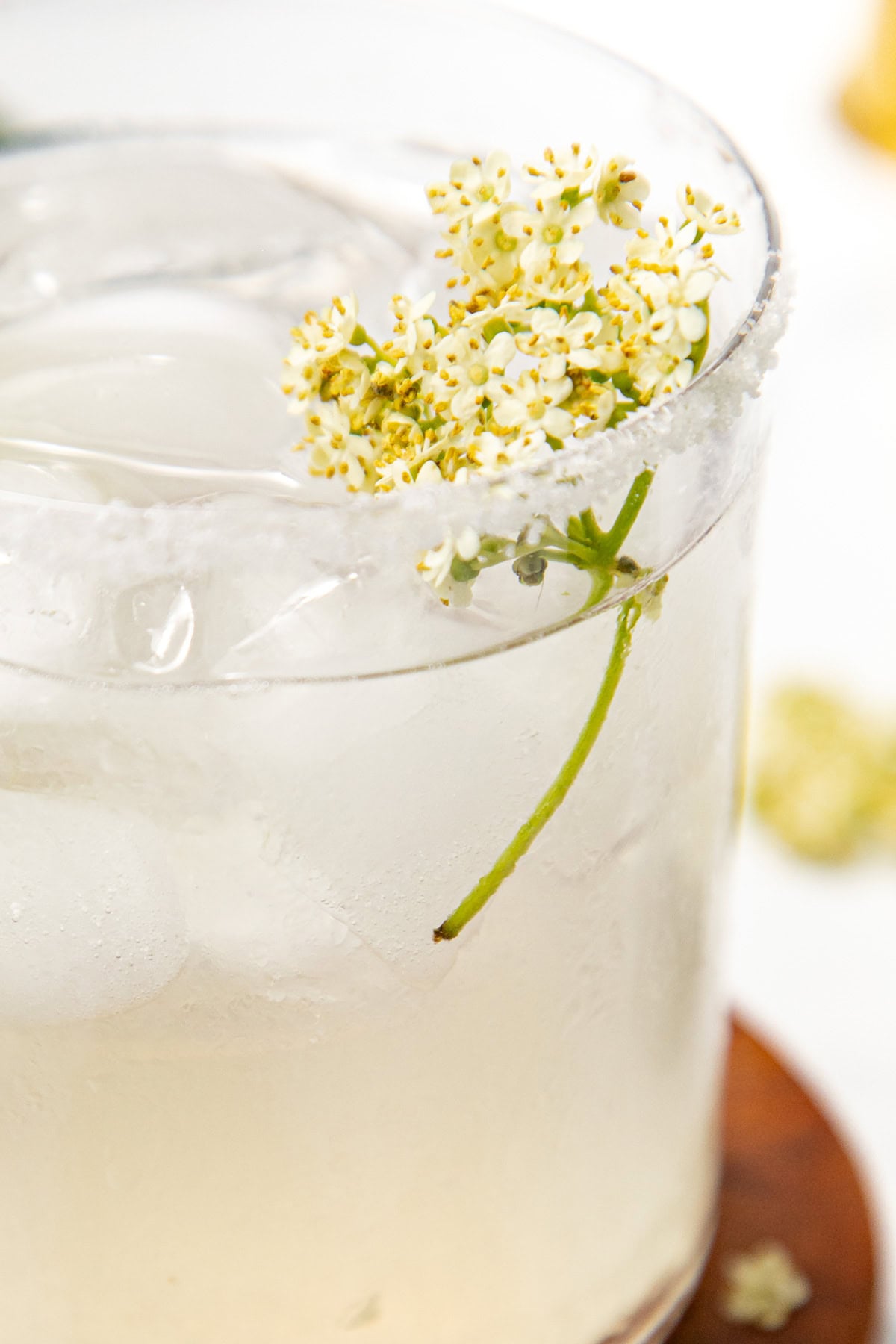 Clear cocktail with ice, salt rim, and a small sprig of white flowers as garnish.