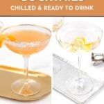 Two chilled cocktails in coupe glasses, garnished with citrus, on a white background with text overlay.