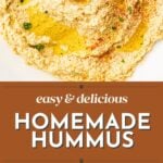 Bowl of hummus with olive oil and paprika, plus step-by-step images for making homemade hummus.