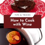 Brownies on a red doily and a pot of mulled wine with orange slices and cinnamon sticks, text overlay present.