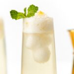 A tall glass of frothy, sparkling drink with two ice scoops and a mint sprig garnish on top.