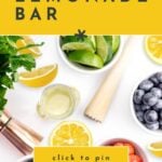Lemonade bar setup with fresh fruit, herbs, a juicer, and a “how to set up a lemonade bar” sign.