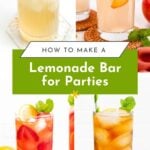 Four tall glasses of different lemonades with fruit and mint, arranged for a lemonade bar party display.