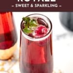 Tall glass of red raspberry cocktail with mint garnish, next to text promoting a Raspberry Royale recipe.