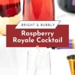 Two glasses of raspberry cocktail, one garnished with mint, with someone pouring sparkling wine into one glass.
