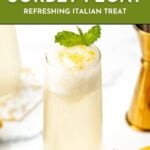 A glass of prosecco sorbet float garnished with a mint sprig, with text promoting the recipe.