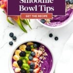 Two colorful smoothie bowls topped with fruit, seeds, and berries on a white surface with dragon fruit nearby.