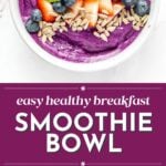 A smoothie bowl topped with fruit and seeds, plus ingredients and a blender shown in three smaller images below.