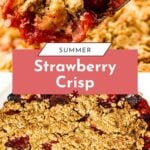 A spoonful of strawberry crisp above a baking dish filled with golden, crumbly topping and berries.