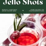 Red jello shots in clear cups, garnished with sugared cranberries and rosemary sprigs on a silver tray.