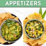 Two bowls: one with guacamole and chips, one with pineapple salsa and chips, on a green background.