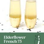 Two champagne flutes with yellow cocktails and lemon twists, on white, with confetti scattered around.