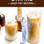 Iced coffee drinks with milk in clear glasses, topped with foam, on a white surface with a brown border.