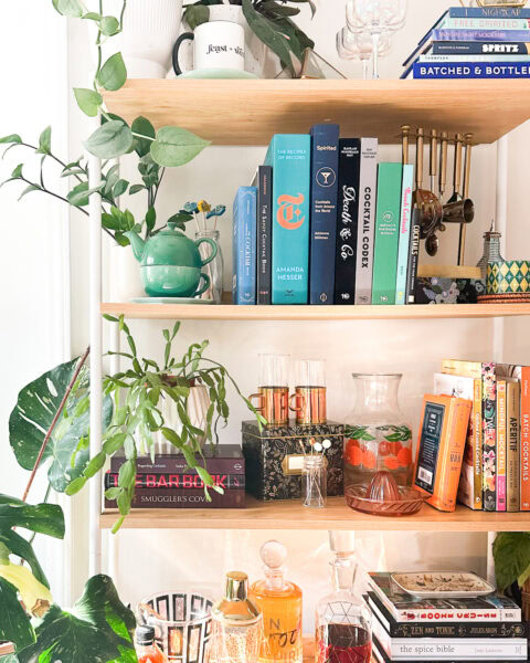 Three shelves with books, houseplants, glassware, decanters featuring some of the best alcohol brands, and assorted bar tools in bright natural light.