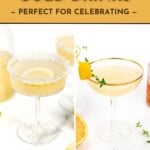 Two yellow cocktails in elegant glasses, garnished with lemon and herbs, on a white background.