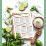 A home bar checklist on a clipboard surrounded by mint, limes, ice, and a muddler on a white surface.