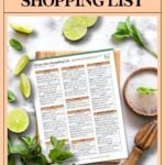 A liquor store shopping list on a clipboard surrounded by mint, lime slices, a wooden juicer, and sugar.
