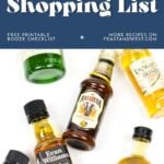 Five assorted mini liquor bottles scattered on a white surface under a blue banner reading “Liquor Brand Shopping List.”.