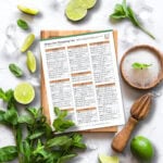 A home bar shopping list on a clipboard surrounded by limes, mint, ice, a wooden squeezer, and a cocktail—perfect inspiration for stocking your bar with the best alcohol brands.