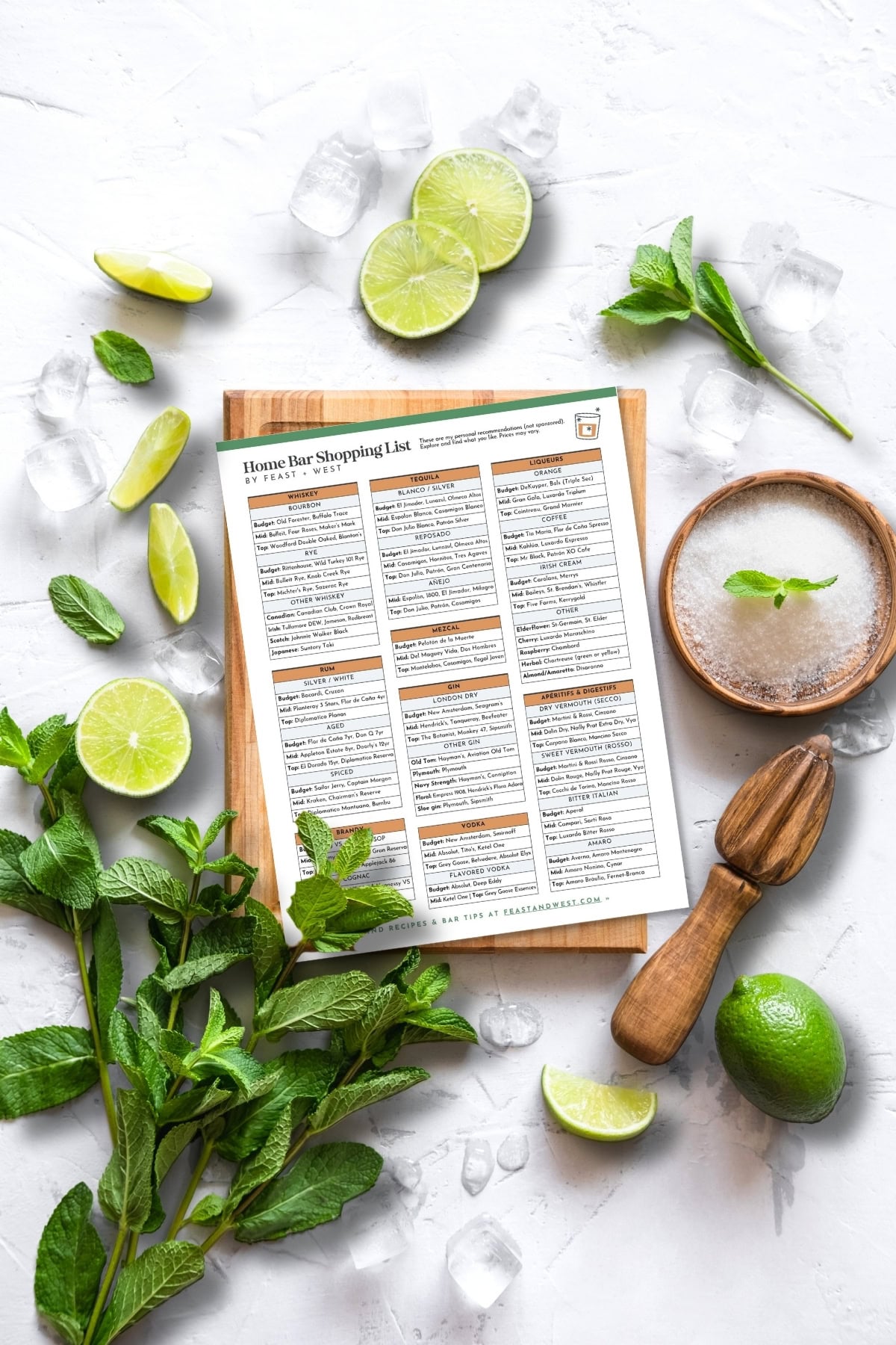 A home bar shopping list on a clipboard surrounded by limes, mint, ice, a wooden squeezer, and a cocktail—perfect inspiration for stocking your bar with the best alcohol brands.