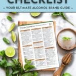 A home bar checklist on a clipboard with mint, lime, and a cocktail strainer on a white surface.