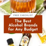 A glass of whiskey and assorted mini liquor bottles, promoting the best alcohol brands for any budget.