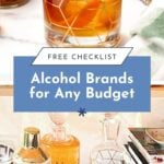 Glass of whiskey with geometric pattern, bottles of alcohol, and text: Alcohol Brands for Any Budget.