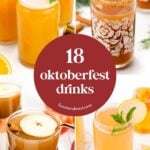 Four Oktoberfest drinks in glasses and mugs, with text “18 oktoberfest drinks” in a central red circle.