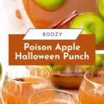A bowl and glasses of apple punch with green apples, star anise, and cinnamon sticks floating on top.