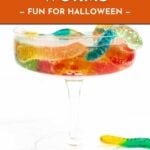 A cocktail glass filled with colorful gummy worms and liquid, labeled “Vodka Gummy Worms—Fun for Halloween.”.