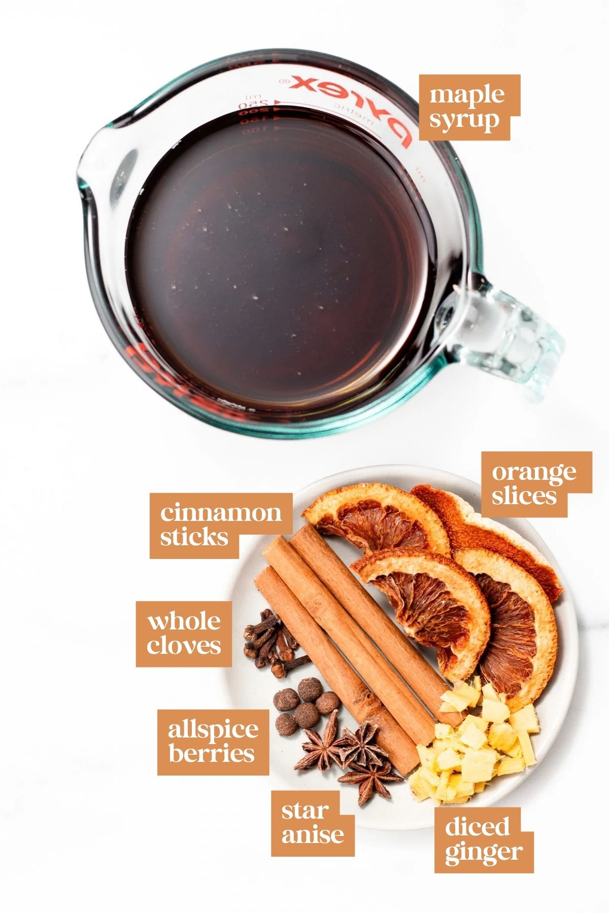 A measuring cup of maple syrup and a plate with spices, orange slices, and diced ginger, all labeled.